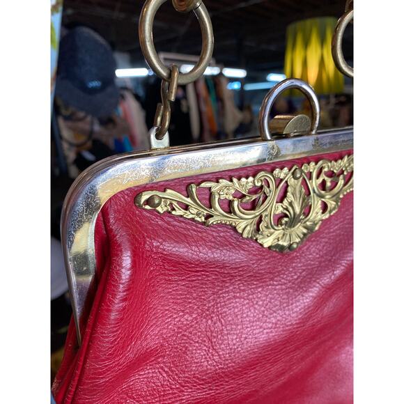 vintage 1960s red leather handbag 60s purse chain handle mod unique roger van - Picture 4 of 9